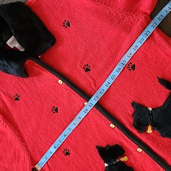 Vtg Crystal-Kobe Red Cardigan Button-up Sweater Black Scottish Terriers Wmns XL - Picture 8 of 13